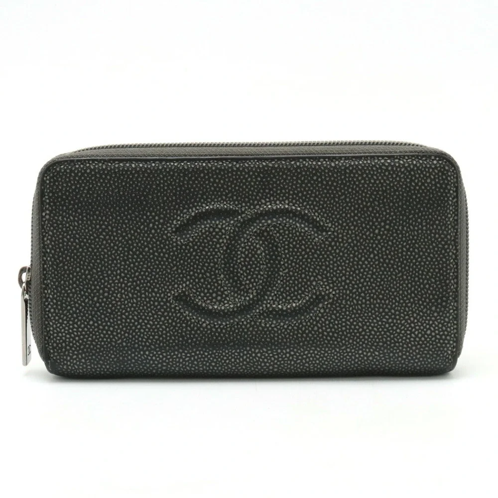 CHANEL Gray Caviar Leather Logo Wallet